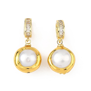 Natural Baroque Keshi Pearl Pendants, Round Charms with Brass Micro Pave Clear Cubic Zirconia Bails, White, Golden, 25.5mm, Hole: 6x3mm