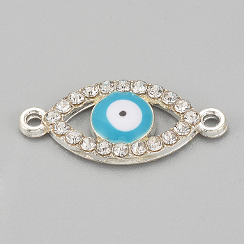 Alloy Rhinestone Links Connectors, Cadmium Free & Lead Free, Evil Eye, Sky Blue, Silver Color Plated, 22x10x2mm, Hole: 1mm