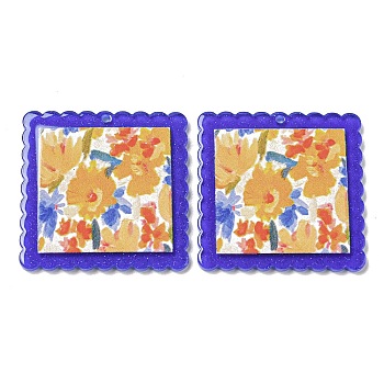 Opaque Acrylic Pendants, Square with Flower, Colorful, 34.5x34.5x2mm, Hole: 1.6mm