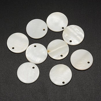 Dyed Natural Flat Round Shell Pendant, White, 20x2mm, Hole: 2mm