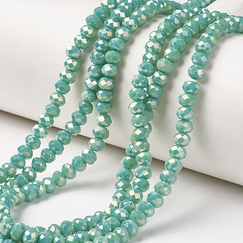Electroplate Opaque Glass Beads Strands, Full Rainbow Plated, Faceted, Rondelle, Aquamarine, 4x3mm, Hole: 0.4mm, about 123~127pcs/strand, 16.5~16.9 inch(42~43cm)