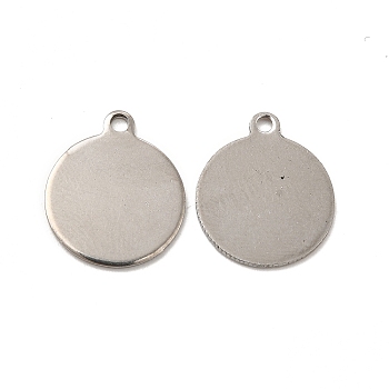 201 Stainless Steel Pendants, Flat Round Charm, Stainless Steel Color, 14x12x0.5mm, Hole: 1.2mm