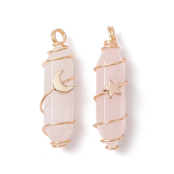 Natural Rose Quartz Copper Wire Wrapped Pendants, Faceted Bullet Charms with Light Gold Tone Star & Moon Brass Beads, 36~37.5x10~10.5x11~12mm, Hole: 3.5~4mm, 2pcs/set