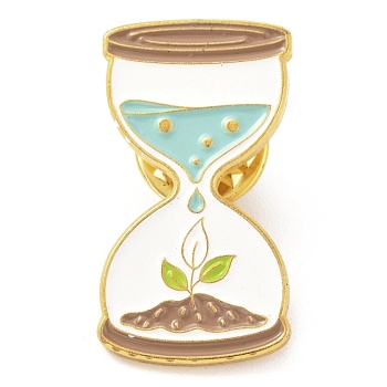 Alloy Enamel Brooches, Enamel Pin, with Butterfly Clutches, Sand Clock with Leaf, Golden, Colorful, 29.5x15x9.5mm