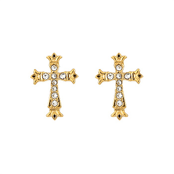 Cross Stainless Steel Pave Crystal Rhinestone Stud Earrings for Women Men, Golden