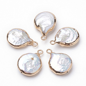 Electroplate Natural Baroque Pearl Keshi Pearl Pendants, Cultured Freshwater Pearl, with Iron Findings, Flat Round, Golden, 16~22x13~16x4~8mm, Hole: 1.8mm