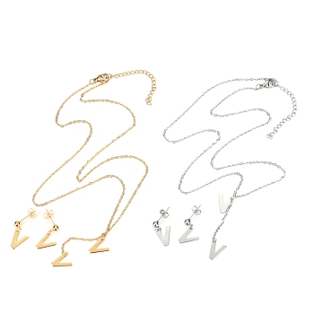 304 Stainless Steel Jewelry Sets, Cable Chains Pendant Necklaces and Stud Earrings, with Lobster Claw Clasps and Ear Nuts, Alphabet, Golden & Stainless Steel Color, Letter.V, 17.71 inch(45cm),  11x9x0.5mm, Pin: 0.8mm