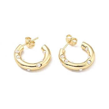 Acrylic Pearl C-shape Stud Earrings, Rack Plating Brass Half Hoop Earrings for Women, Cadmium Free & Lead Free, Real 18K Gold Plated, 20x4mm, Pin: 0.8mm