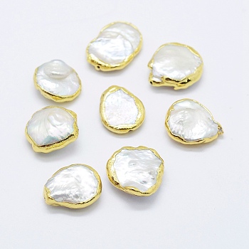 Natural Cultured Freshwater Pearl Beads, Edge Golden Plated, Nuggets, White, 13~19x12~15x5~7mm, Hole: 0.5mm