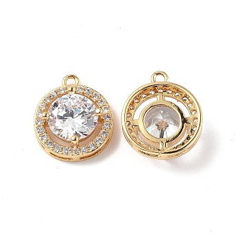 Brass Micro Pave Clear Cubic Zirconia Pendants, with Glass, Flat Round Charm, Real 18K Gold Plated, 15.5x12.5x5.5mm, Hole: 1.2mm