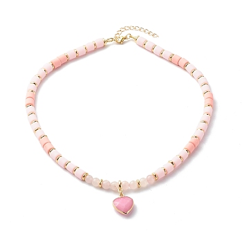 Polymer Clay Beaded Necklaces, with Electroplate Gemstone Heart Pendants and Brass Beads, Pink, 17.01 inch(43.2cm)