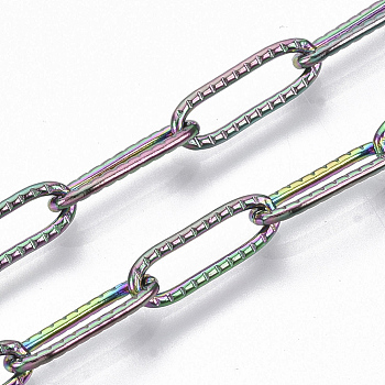 Ion Plating(IP) 304 Stainless Steel Textured Paperclip Chains, Drawn Elongated Cable Chains, Soldered, Rainbow Color, 12x4x1mm, about 39.37 inch(1m)/strand