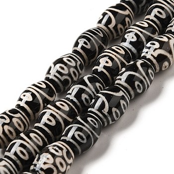 Tibetan Style dZi Beads Strands, Natural & Dyed Agate Beads, Rice, Black, 7-Eye, 13~14x9.5~10mm, Hole: 1.4mm, about 25pcs/strand, 13.58 inch(34.5cm)