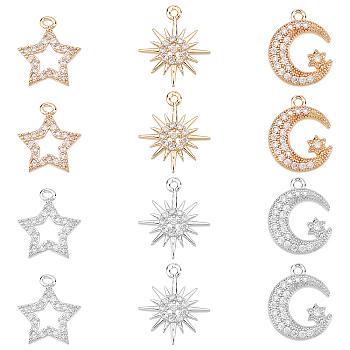12Pcs 6 Style Rack Plating Brass Micro Pave Cubic Zirconia Charms, Long-Lasting Plated, Mixed Shape, Platinum & Light Gold, 13.5~15x12~13.5x2~3mm, Hole: 1~1.2mm, 2pcs/style