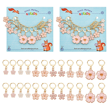 12Pcs 6 Style Alloy Enamel Sakura & Peach & Plum Blossom Charm Locking Stitch Markers, with Gold Tone 304 Stainless Steel Leverback Earring Findings, Pink, 2.8~4cm, 2pcs/style