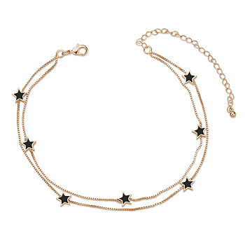 SHEGRACE Brass Multi-Strand Anklets, with Epoxy Resin and Box Chains, Star, Black, Rose Gold, 8-1/4 inch(21cm)