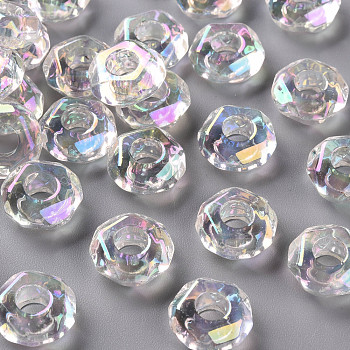 Transparent Acrylic European Beads, AB Color Plated, Large Hole Beads, Flat Round, Faceted, Clear AB, 13x5.5mm, Hole: 5mm