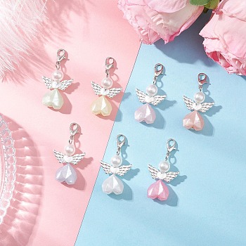 Acrylic Heart Angel Pendant Decorations, with Alloy Lobster Claw Clasps, Mixed Color, 42mm