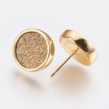Brass Stud Earrings, with Druzy Resin Cabochon, Flat Round, Golden, Goldenrod, 15.5x14mm, Pin: 0.7mm