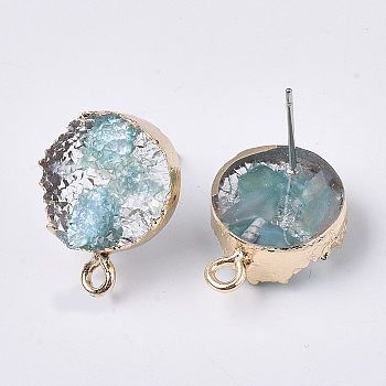 Druzy Resin Stud Earring Loops, with Steel Pins and Edge Light Gold Plated Iron Loops, Flat Round, Pale Turquoise, 18x13.5mm, Hole: 1.8mm, Pin: 0.6mm