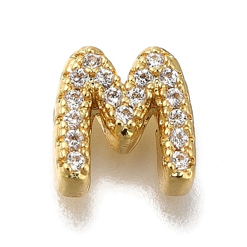 Rack Plating Brass Micro Pave Clear Cubic Zirconia Beads, Long-Lasting Plated, Cadmium Free & Lead Free, Real 18K Gold Plated, Letter, Letter M, 8~9x4~9x3mm, Hole: 0.8mm