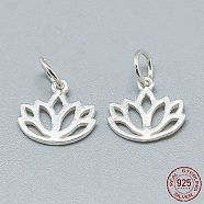 925 Sterling Silver Charms, with Jump Ring, with 925 Stamp, Lotus, Silver, 10.5x11x1mm, Hole: 4mm(STER-T002-277S)