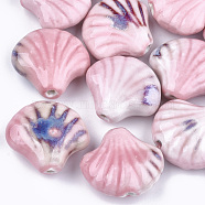 Handmade Porcelain Beads, Fancy Antique Glazed Porcelain, Shell, Pink, 28~29x32~33x12.5~14mm, Hole: 3~3.5mm(X-PORC-S498-36G)