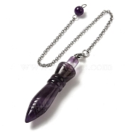 Natural Amethyst Pointed Dowsing Pendulums, with 304 Stainless Steel Chains, Bullet Charm, 243mm, Bullet: 60x12.5mm, Hole: 3mm(G-F758-F04-P)