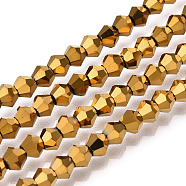Electroplate Glass Bead Strands, Rainbow Plated, Faceted Bicone, Golden Plated, 4x4.5mm, Hole: 1mm, 92~96pcs/strand, 13.78~14.37 inch(X-EGLA-R094-4mm-01)