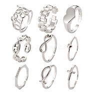9Pcs 9 Style Brass Cuff Rings, Open Rings, Long-Lasting Plated, Heart & Fish & Octagon & Infinity & Cross & Rectangle & Coffee Bean Chain & Word Good Luck, Platinum, US Size 6(16.5mm)~US Size 8(18.1mm), 1pc/style(RJEW-LS0001-08P)