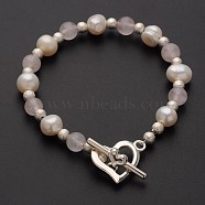 Attractive Natural Gemstone Beaded Bracelets, with Pearl Beads, Brass Beads and Heart Alloy Toggle Clasps, Rose Quartz, 185mm(BJEW-JB01853-02)