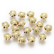 Tibetan Style Alloy Beads, Lead Free & Cadmium Free, Antique Golden Color, Flower, Great for Mother's Day Gifts making, about 7mm long, 7mm wide, 2.5mm thick, hole: 1.5mm(X-GLF10690Y)
