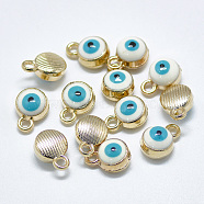 Light Gold Plated Alloy Charms, with Enamel, Flat Round with Evil Eye, White, 10x7x4.5mm, Hole: 1.5mm(X-ENAM-S117-27C)