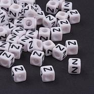 Acrylic Horizontal Hole Letter Beads, Cube, White, Letter Z, Size: about 6mm wide, 6mm long, 6mm high, hole: about 3.2mm, about 2600pcs/500g(PL37C9308-Z)