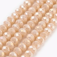 Electroplate Glass Beads Strands, Imitation Jade Glass, Full Rainbow Plated, Faceted, Rondelle, PeachPuff, 6x4~5mm, Hole: 0.8~1mm, about 83~85pcs/strand, 38~39cm(GLAA-K027-FR-B01)