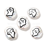 Baroque Style Natural Keshi Pearl Beads, Halloween Theme Beads with Enamel, Flat Round, Seashell Color, Ghost, 17~20x15~17x4~7mm, Hole: 0.7mm(PEAR-G013-01F)