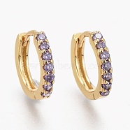 Brass Micro Pave Cubic Zirconia Huggie Hoop Earrings, Long-Lasting Plated, Ring, Lilac, Real 18K Gold Plated, 12x14.5x2mm, Pin: 1mm(EJEW-L231-51G)