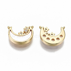 Brass Micro Pave Clear Cubic Zirconia Charms, with Shell, Moon with Star, Nickel Free, Real 18K Gold Plated, 12x10x3mm, Hole: 1mm(KK-R114-09-NF)