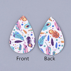 PU Leather Big Pendants, teardrop, with Feather Pattern, Colorful, 56x37x1.5mm, Hole: 1.2mm(FIND-S311-009G)