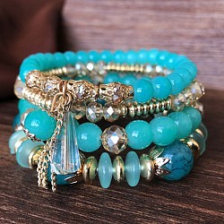 4Pcs Bohemian Style Acrylic Beaded Stretch Bracelet Sets for Women, with Alloy Beads , Cyan, 7-1/8 inch(18cm)(WGF9E90-01)