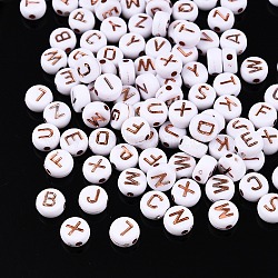 Plating Acrylic Beads, for Name Bracelets & Jewelry Making, Metal Enlaced, Horizontal Hole, Alphabet Style, Flat Round, Rose Gold Plated, 7x4mm, Hole: 1.8mm, about 3650pcs/500g(PACR-Q112-07C)