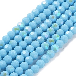 Opaque Glass Beads Strands, Faceted, Round, Sky Blue, 8x7~7.5mm, Hole: 1.2mm, about 65~67pcs/strand, 19.49~19.69''(49.5~50cm)(EGLA-A035-P8mm-L08)
