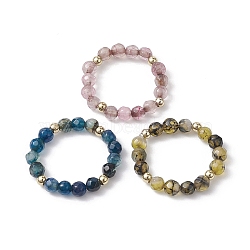 3Pcs Natural Agate Faceted Round Stretch Finger Rings, Brass Round Beaded Finger Rings for Women, Inner Diameter: 18mm, 3pcs/set.(RJEW-JR00637)