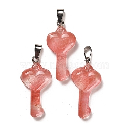 Cherry Quartz Glass Pendants, with Platinum Plated Iron Snap on Bails, Heart Shaped Key Charms, 38~39x18~19x7~8mm, Hole: 7.5x3mm(G-M424-01P-03)