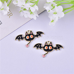 Halloween Theme Alloy Enamel Pendants, Light Gold Tone Cat Charms, Black, 20x34mm(HAWE-PW0001-075E)