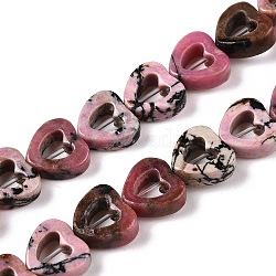 Natural Rhodonite Beads Strands, Hollow Heart, 10x10x3~4mm, Hole: 1mm, about 20pcs/strand, 7.48 inch(19cm)(G-N342-92)