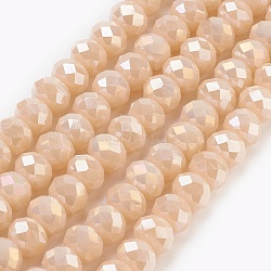 Electroplate Glass Beads Strands, Imitation Jade Glass, Full Rainbow Plated, Faceted, Rondelle, PeachPuff, 6x4~5mm, Hole: 0.8~1mm, about 88~92pcs/strand, 15.5 inch~16 inch(39~45cm)(GLAA-K027-FR-B01)
