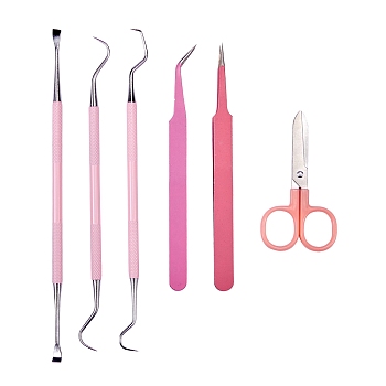6Pcs Weeding Tools set, Gardening Tool Kit with 201 Stainless Steel Beading Tweezers, Iron Scissor and Stainaless Probe, Pink, 12.3x0.9cm