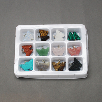 Gemstone Pendants, with Brass Clasps, Mixed Stone, Butterfly, Mixed Color, 20x25x5mm, Hole: 6x2mm, 12pcs/box