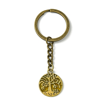 Iron Split Keychains, with Alloy Pendants, Tree of Life Charms,, Antique Bronze, 7.9cm